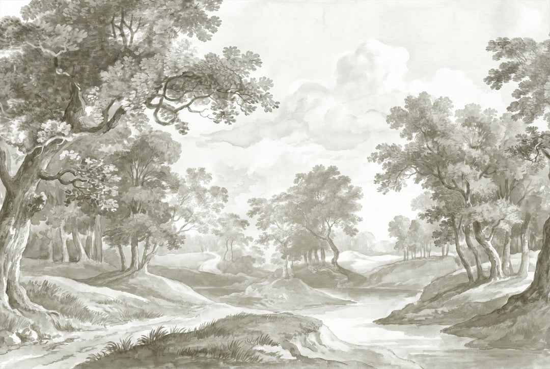 Vintage Monochrome Watercolor Landscape Wallpaper Mural