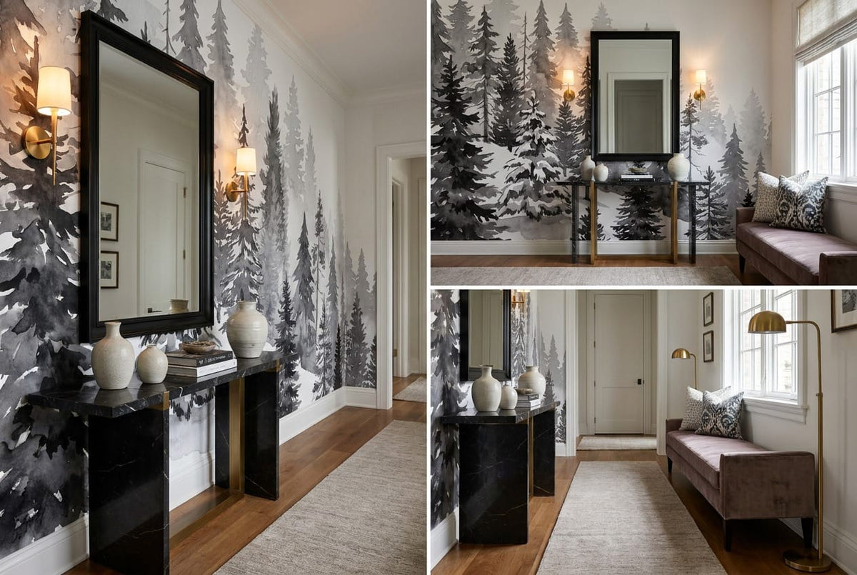 Dreamy Snow Gray Nordic Pine Winter Forest Wallpaper Mural in gray