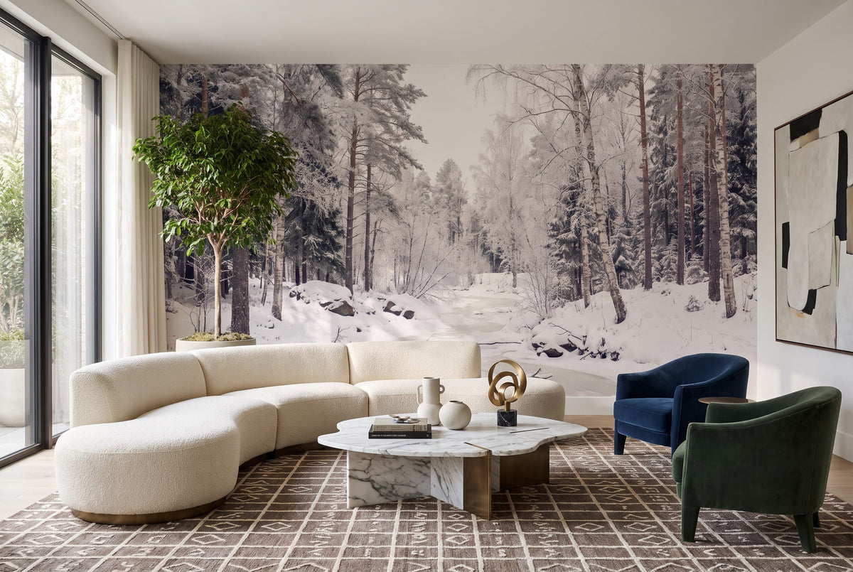 Ice Blue Nordic Pine Winter Forest Wallpaper Mural in gray