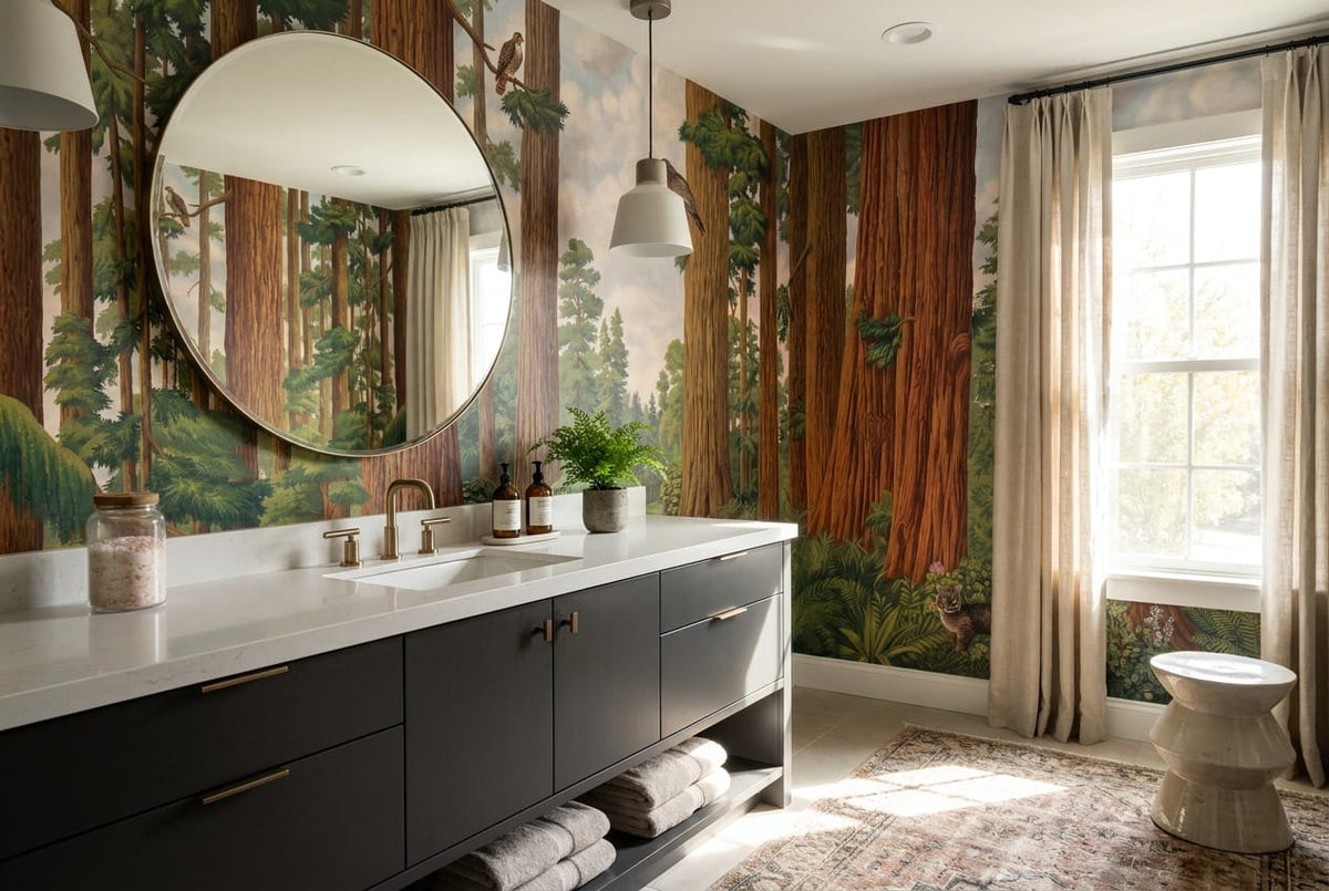 Majestic Wildlife Stream Redwood Forest Wallpaper Mural in green