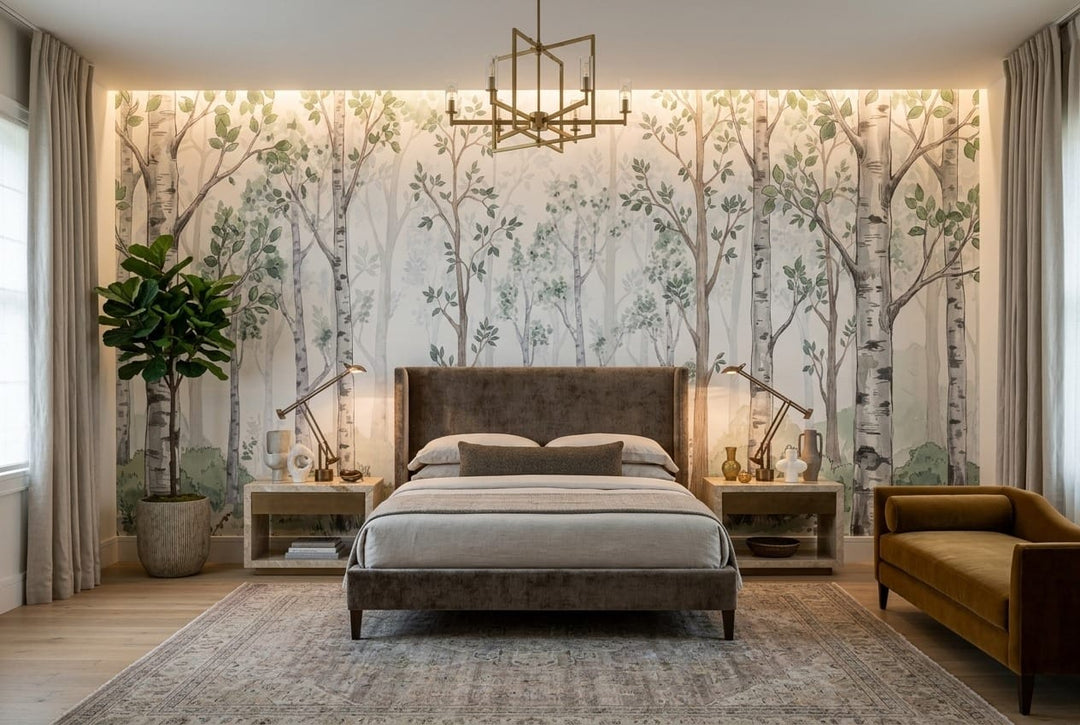 Cream Green Nordic Watercolor Birch Forest Wallpaper Mural in green