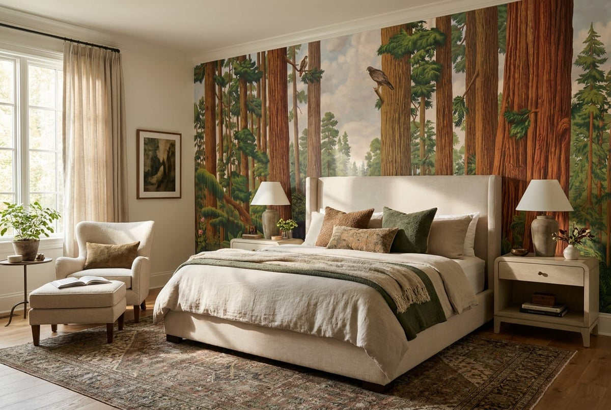 Majestic Wildlife Stream Redwood Forest Wallpaper Mural in green