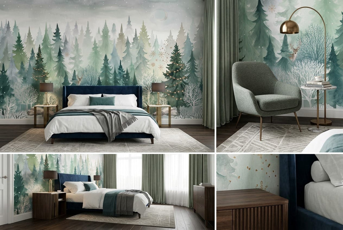 Dark Green Magical Nordic Winter Forest Wallpaper Mural in green