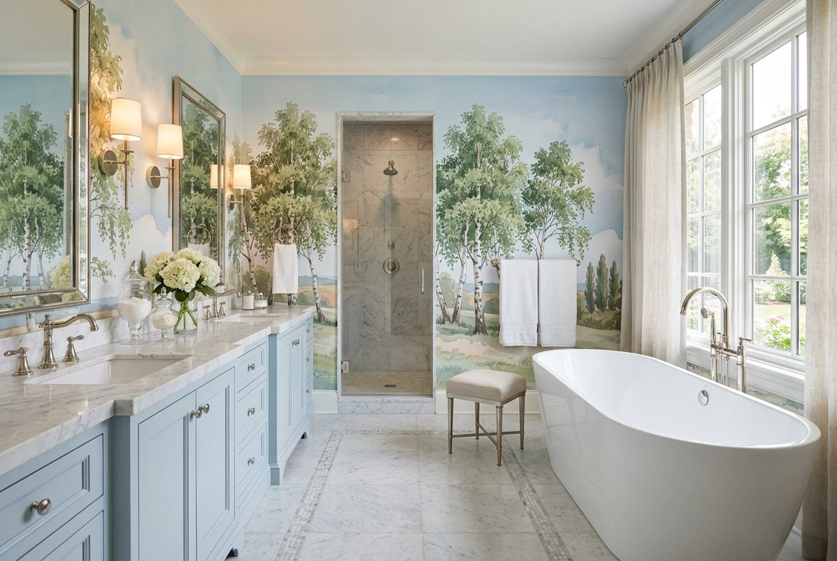 green birch bathroom custom stick on non woven vinyl removable wallpaper mural