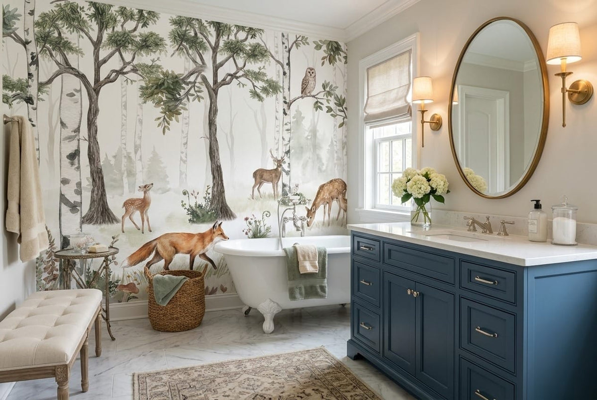 Soft Green Watercolor Nordic Birch Forest Wallpaper Mural in green