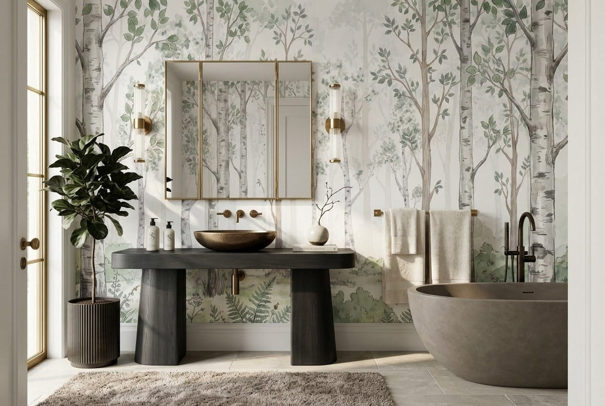 Cream Green Nordic Watercolor Birch Forest Wallpaper Mural in green
