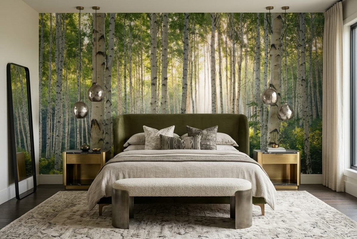 Pale Green Watercolor Nordic Birch Forest Wallpaper Mural in green