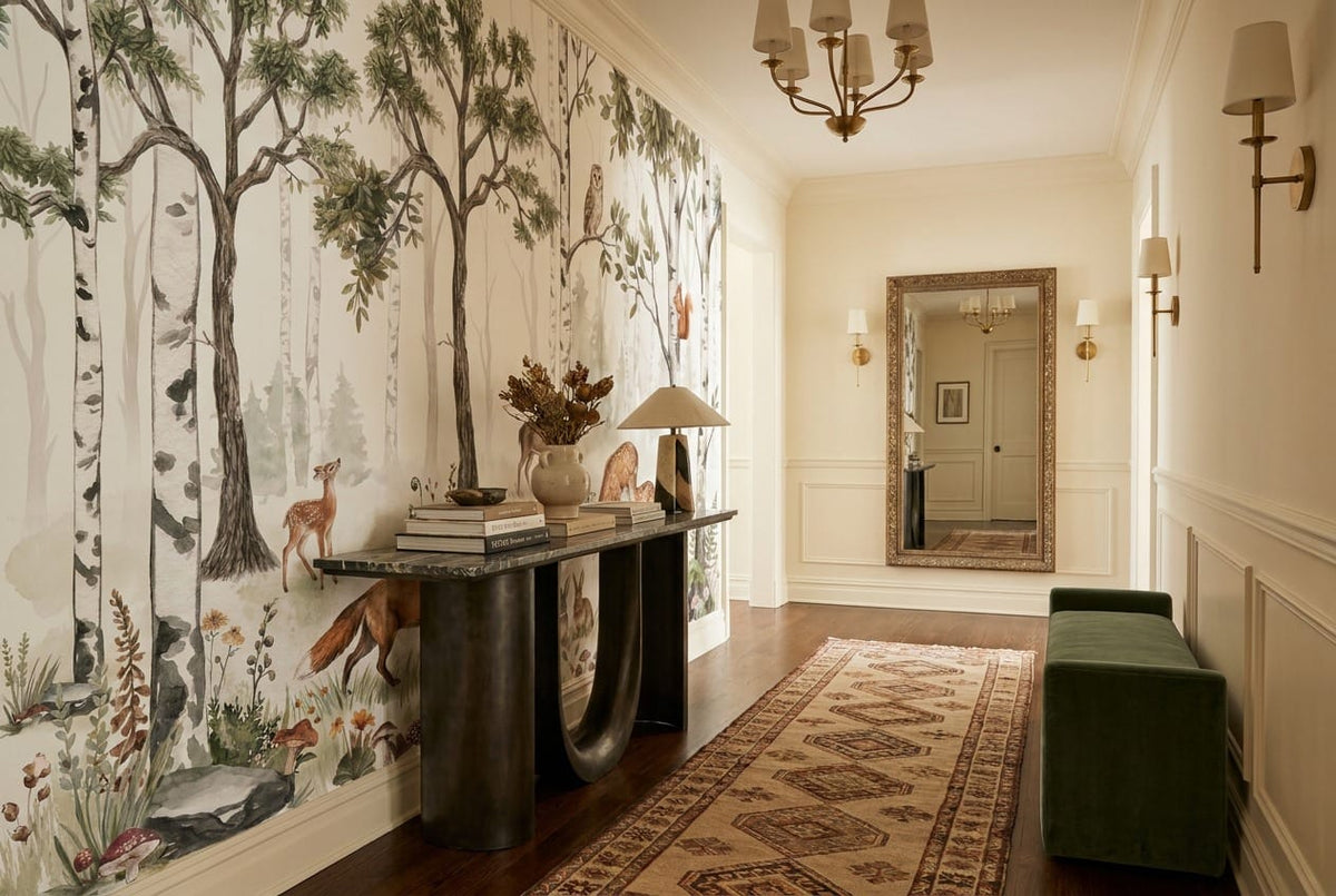 Soft Green Watercolor Nordic Birch Forest Wallpaper Mural in green