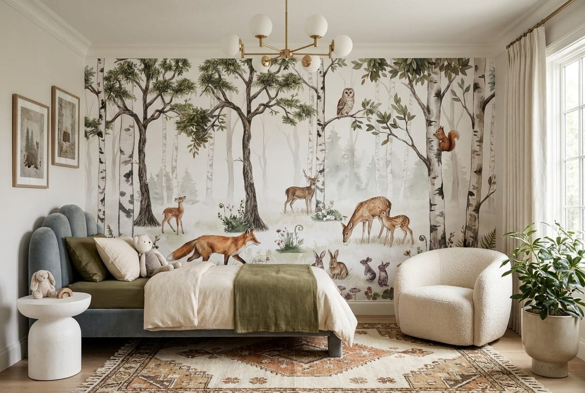 Soft Green Watercolor Nordic Birch Forest Wallpaper Mural in green