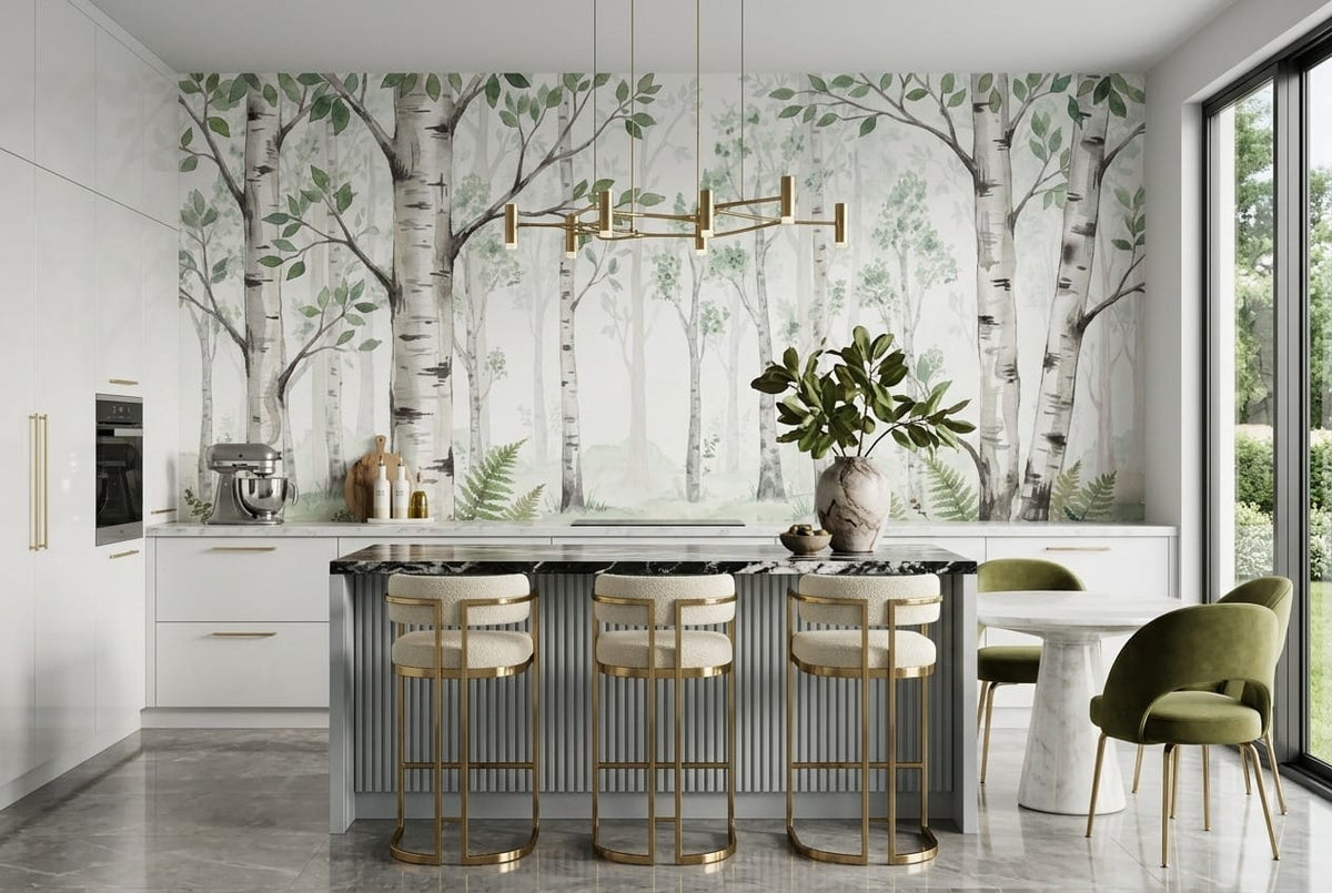 Soft Green Rustic Nordic Birch Forest Wallpaper Mural in green