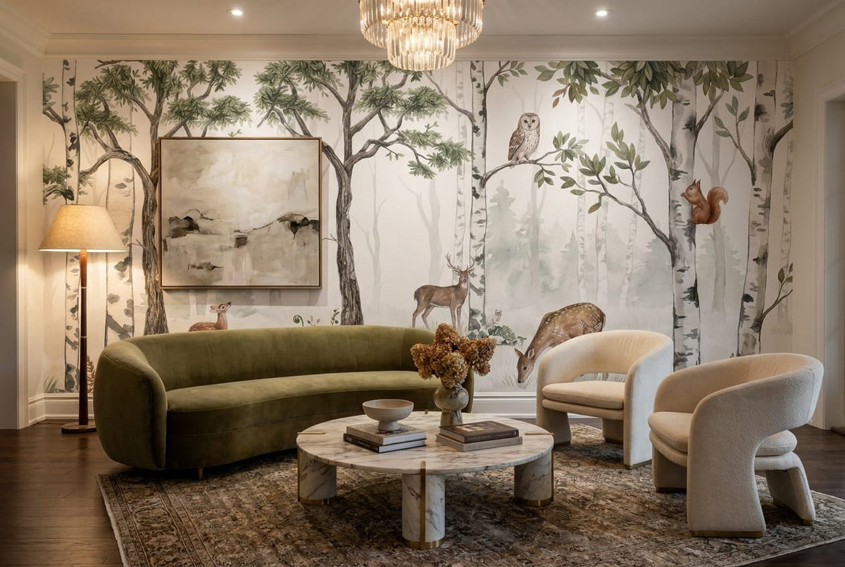 Soft Green Watercolor Nordic Birch Forest Wallpaper Mural in green