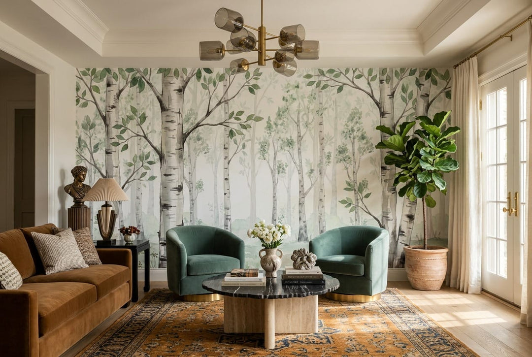 Soft Green Rustic Nordic Birch Forest Wallpaper Mural in green