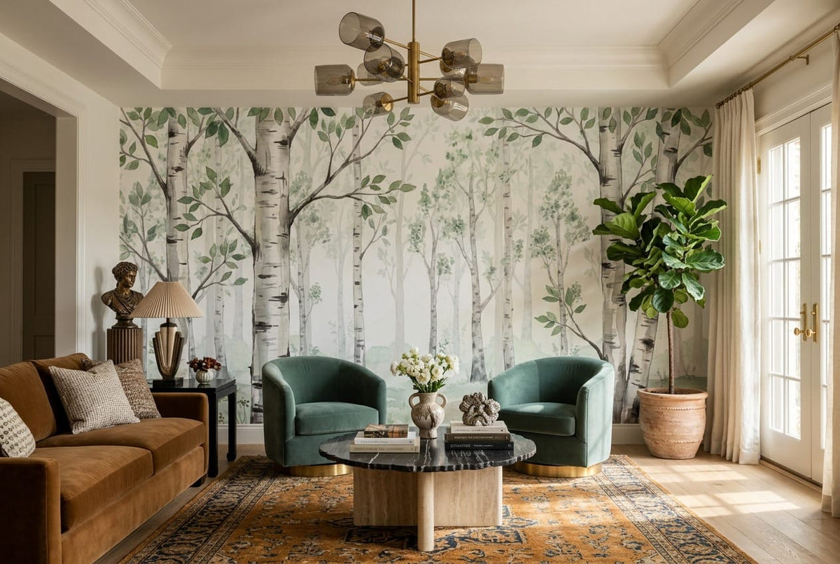 Soft Green Rustic Nordic Birch Forest Wallpaper Mural in green
