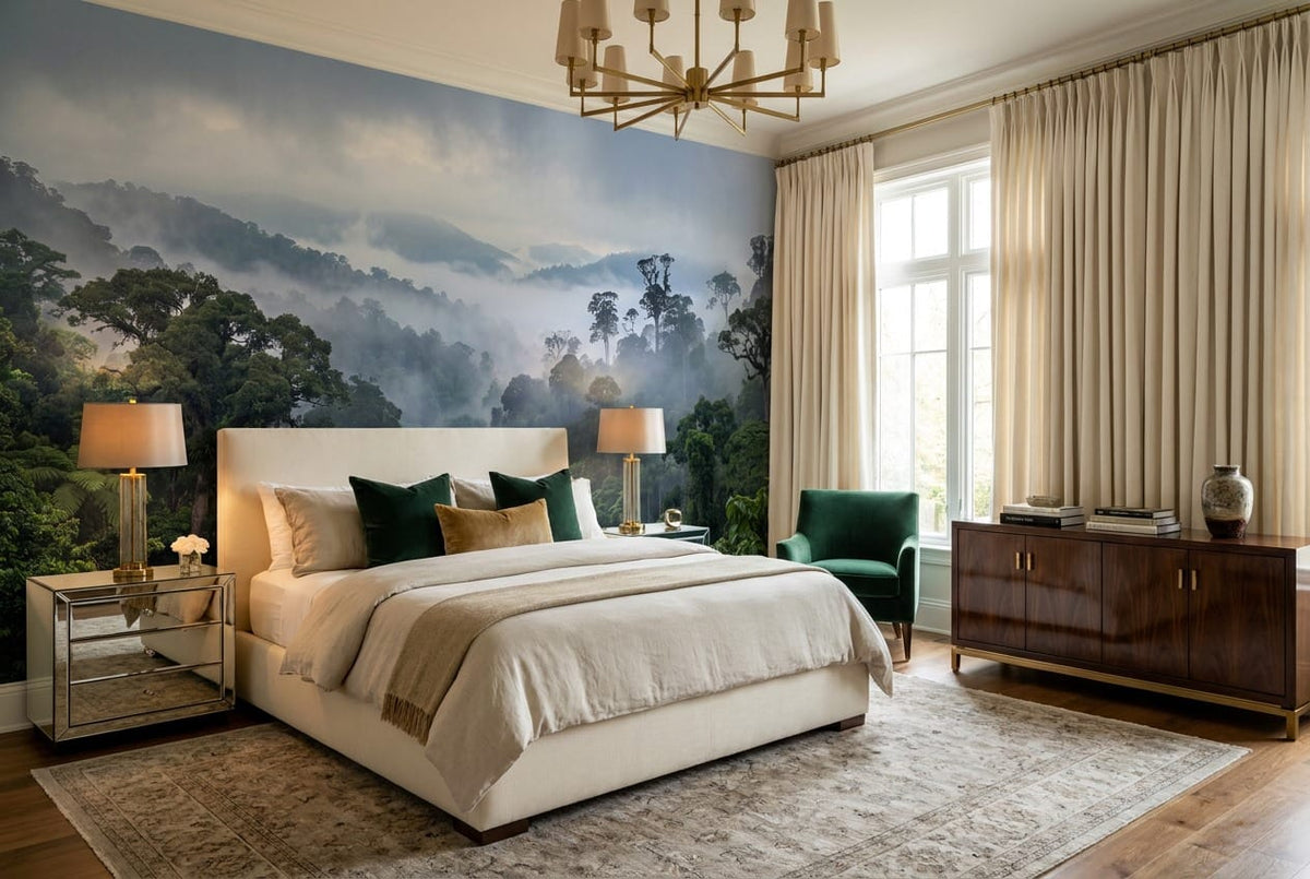 Deep Green Photographic Tropical Misty Forest Wallpaper Mural scene image