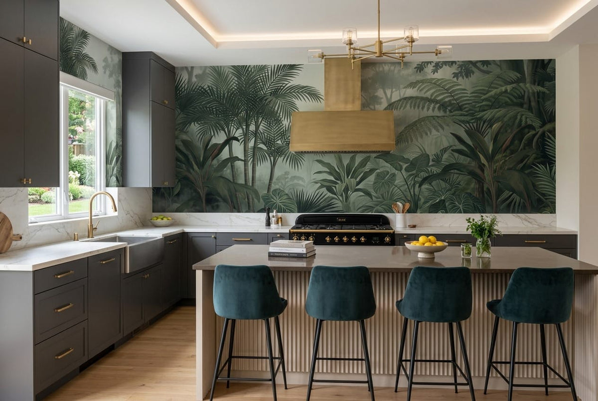Deep Green Botanical Tropical Misty Forest Wallpaper Mural scene image