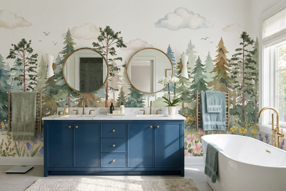 Green pine tree wallpaper mural in a bathroom