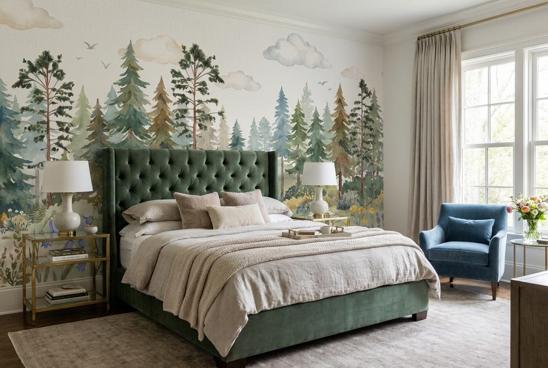 Green pine tree wallpaper mural in a bedroom
