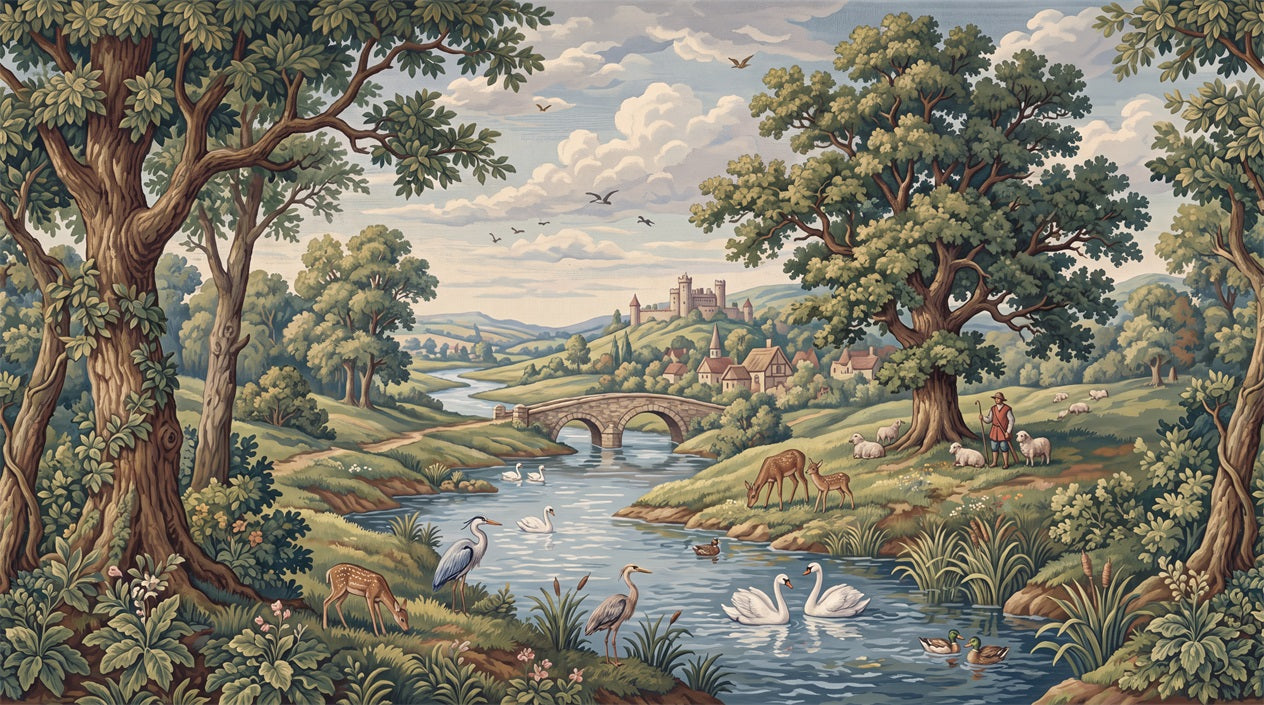 Woodland River with Swans and Bridge Wallpaper Mural