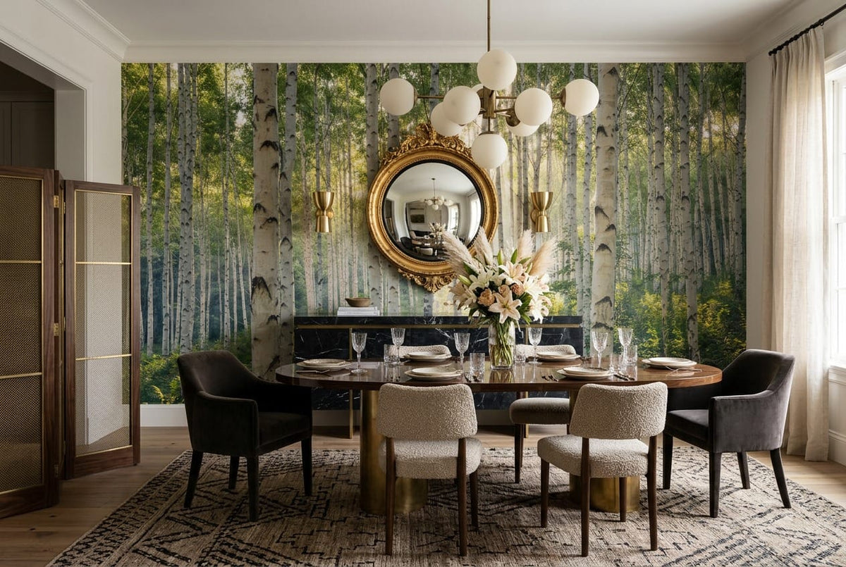 Pale Green Watercolor Nordic Birch Forest Wallpaper Mural in green