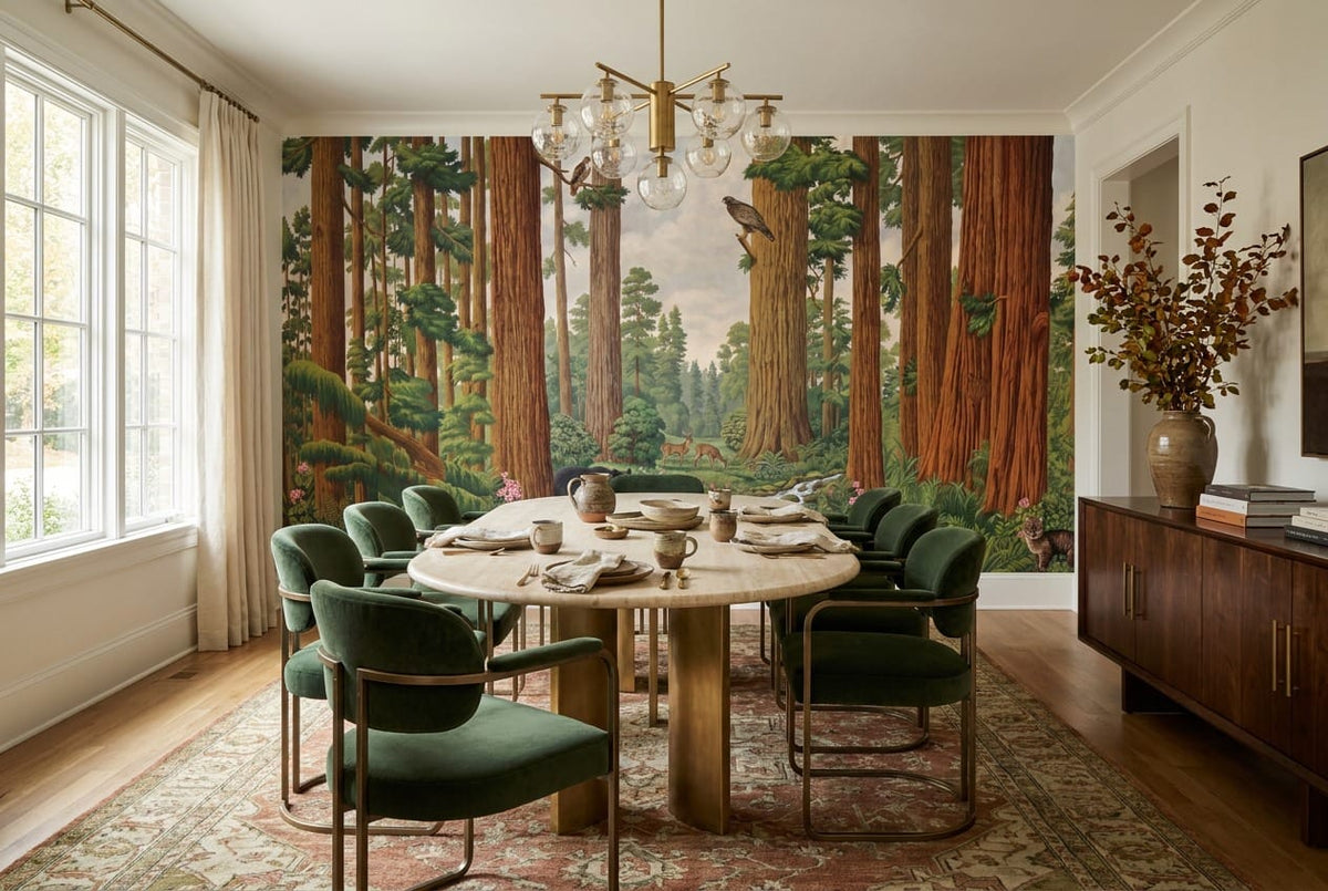 Majestic Wildlife Stream Redwood Forest Wallpaper Mural in green