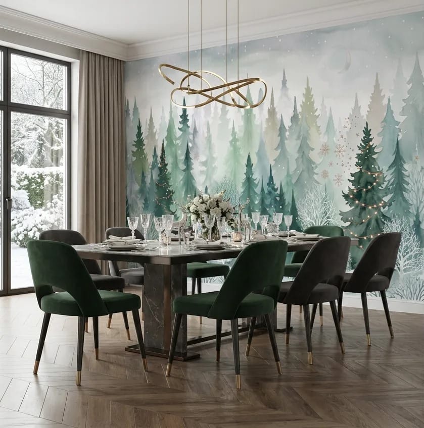 Dark Green Magical Nordic Winter Forest Wallpaper Mural in green