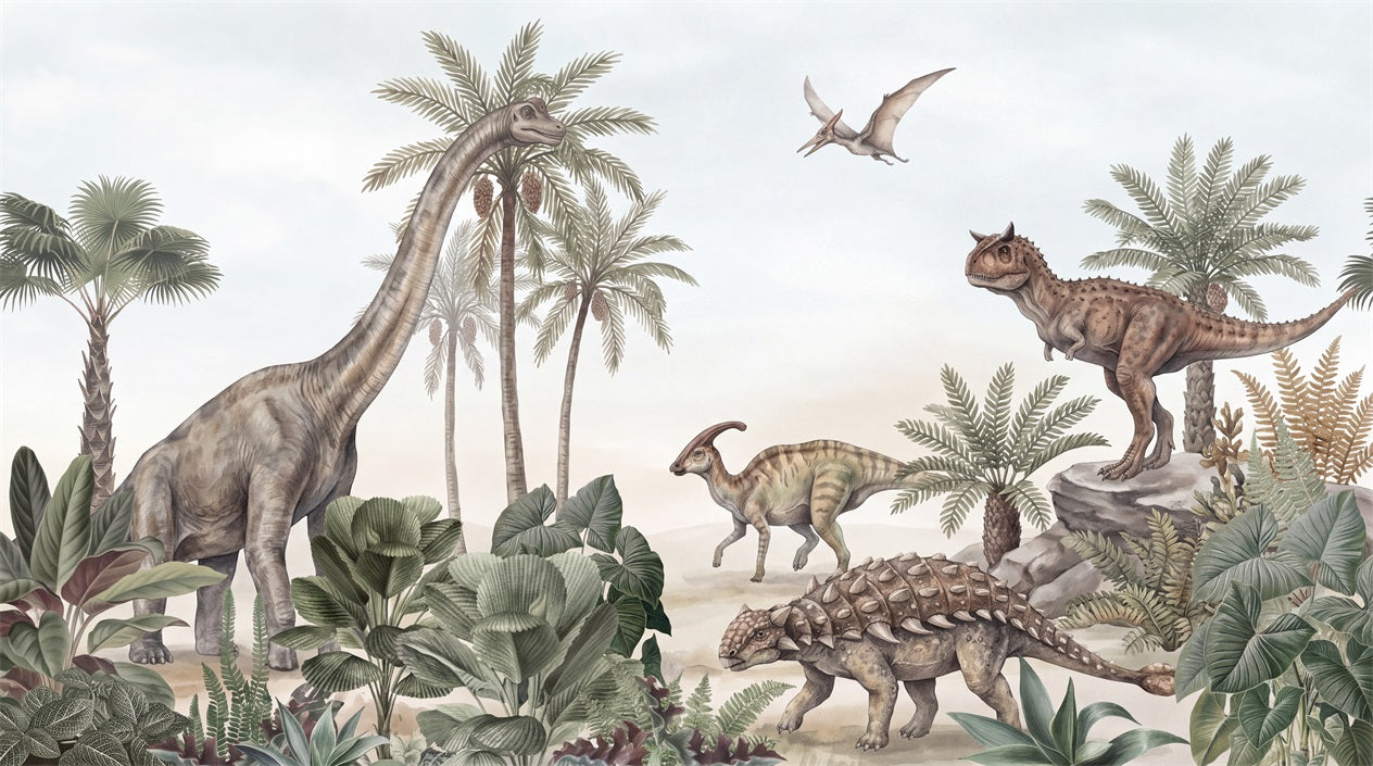 Olive Vintage Dinosaur Landscape Wallpaper Mural