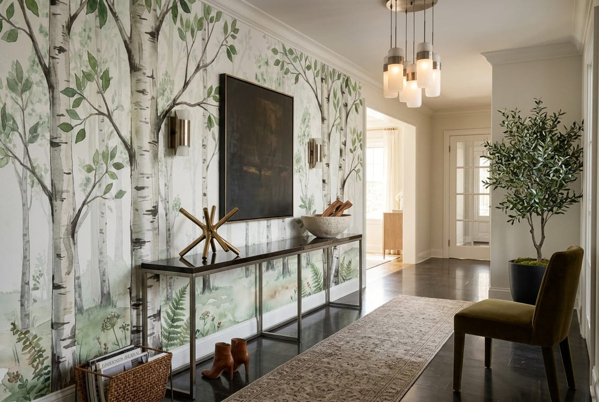 Soft Green Rustic Nordic Birch Forest Wallpaper Mural in green