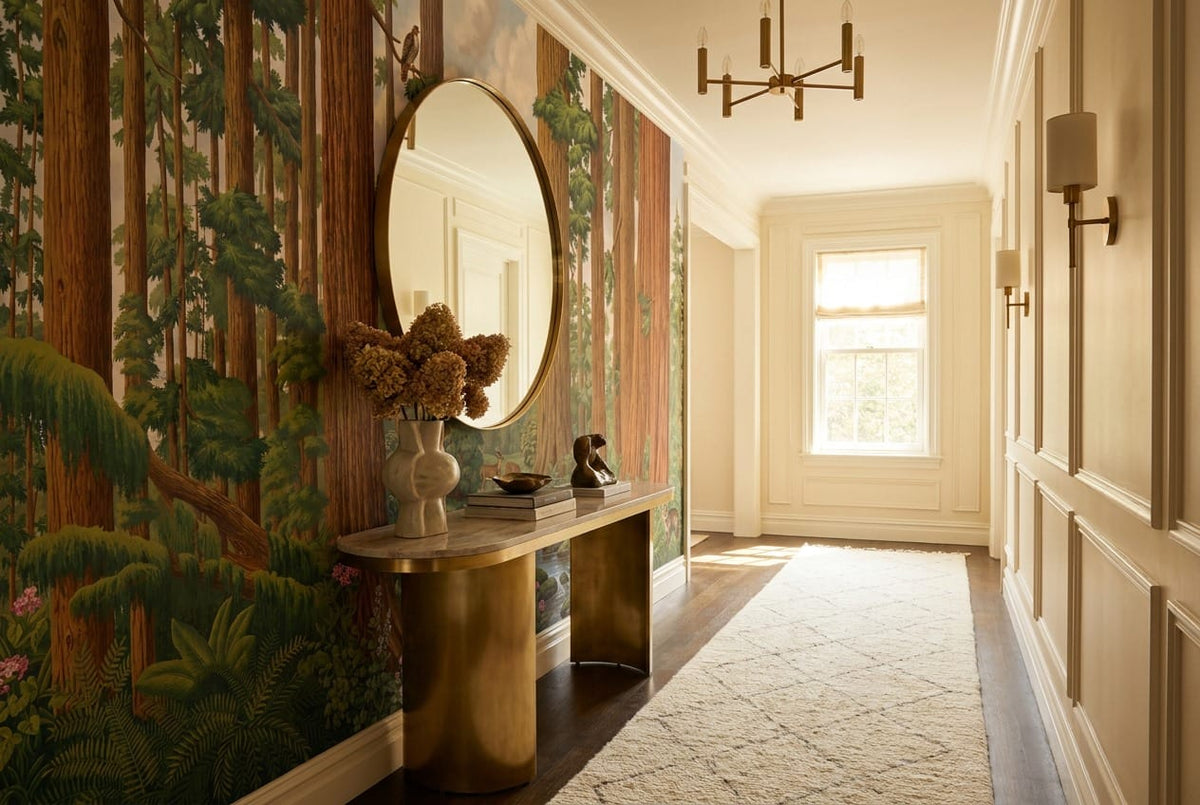 Majestic Wildlife Stream Redwood Forest Wallpaper Mural in green