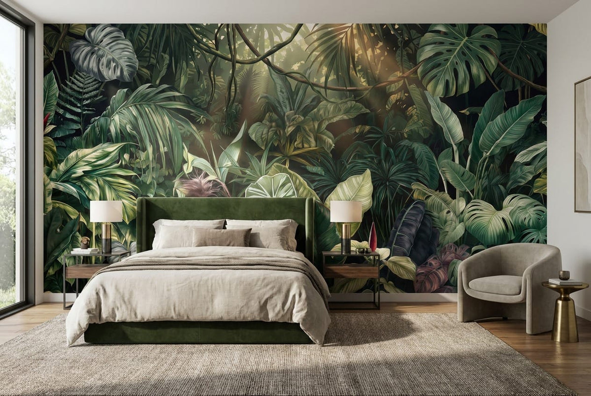 Dark Botanical Leaf Green Jungle Wallpaper Mural in green