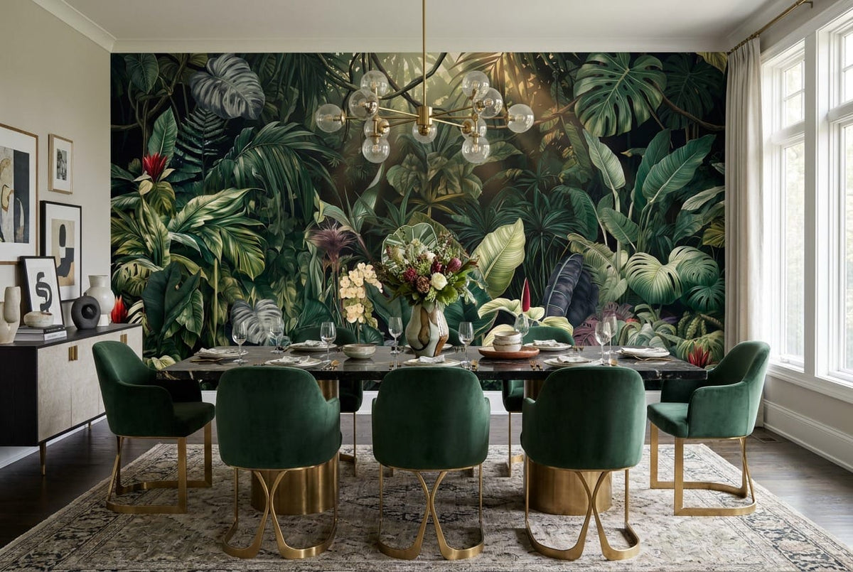 Dark Botanical Leaf Green Jungle Wallpaper Mural in green