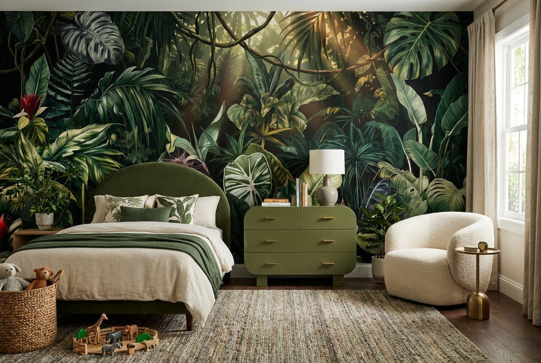 Dark Botanical Leaf Green Jungle Wallpaper Mural in green
