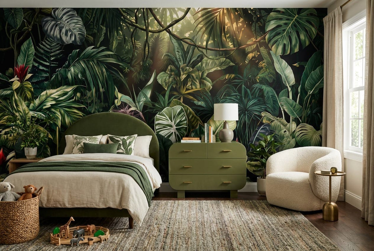 Dark Botanical Leaf Green Jungle Wallpaper Mural in green