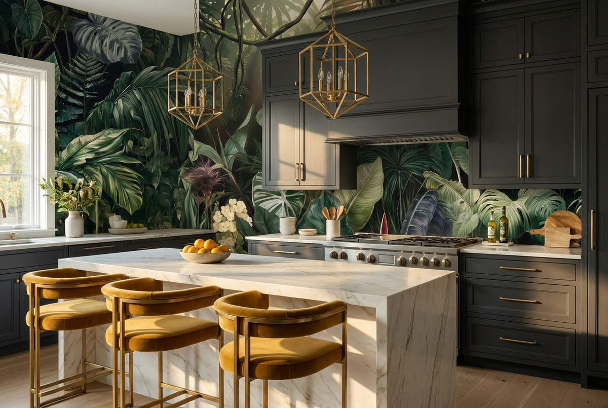 Dark Botanical Leaf Green Jungle Wallpaper Mural in green