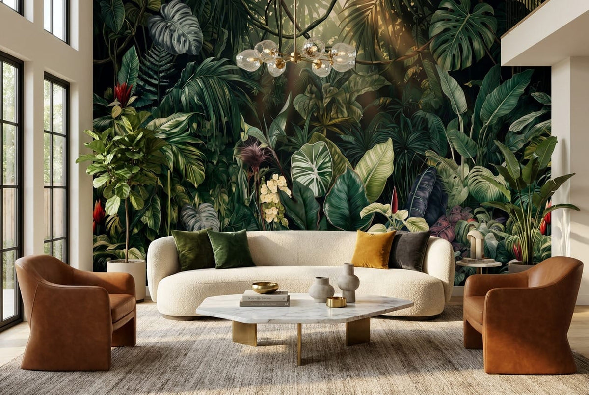Dark Botanical Leaf Green Jungle Wallpaper Mural in green