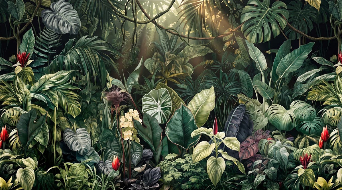 Dark Botanical Leaf Green Jungle Wallpaper Mural in green