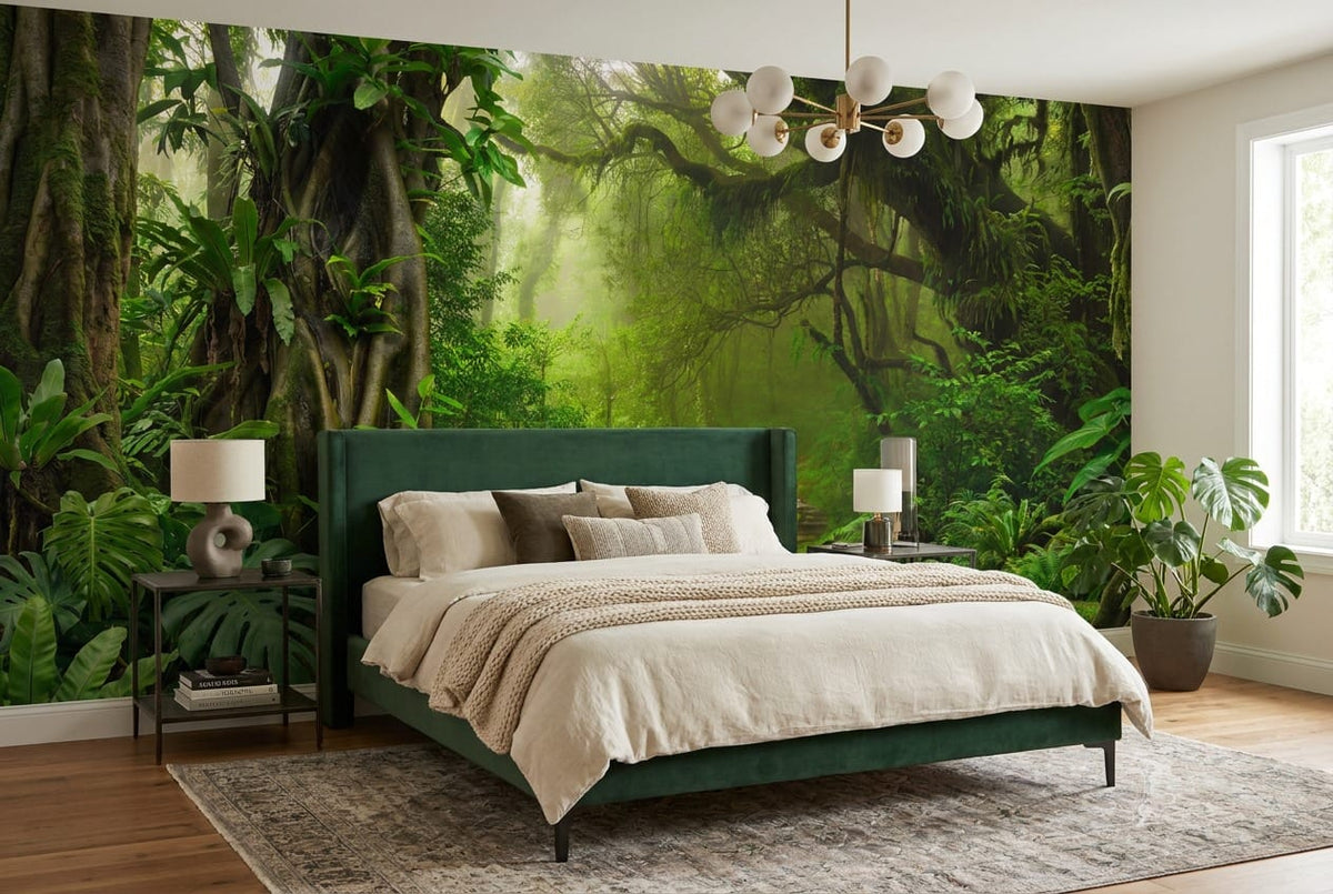 Sunlit River Path Green Jungle Wallpaper Mural in green