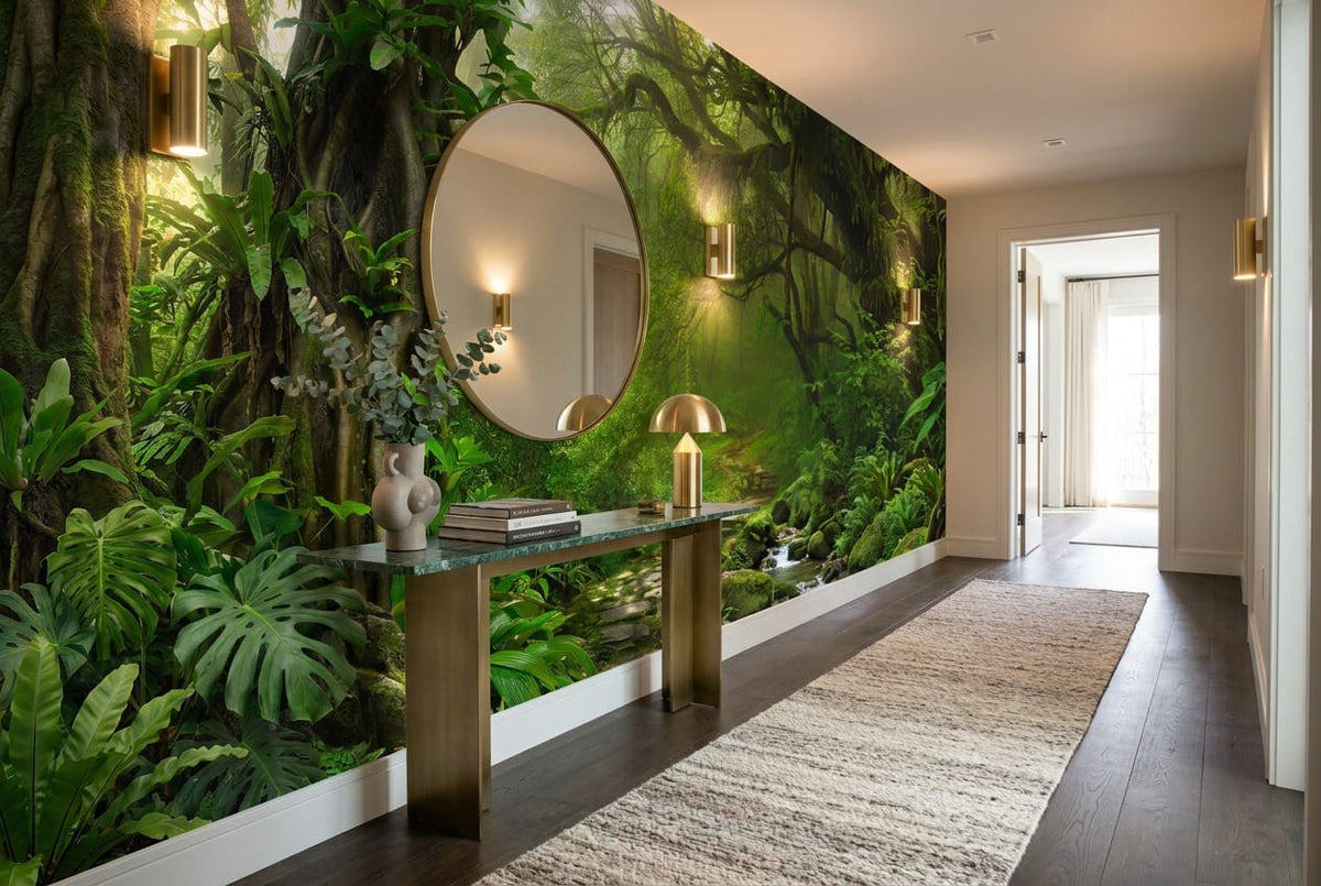Sunlit River Path Green Jungle Wallpaper Mural in green