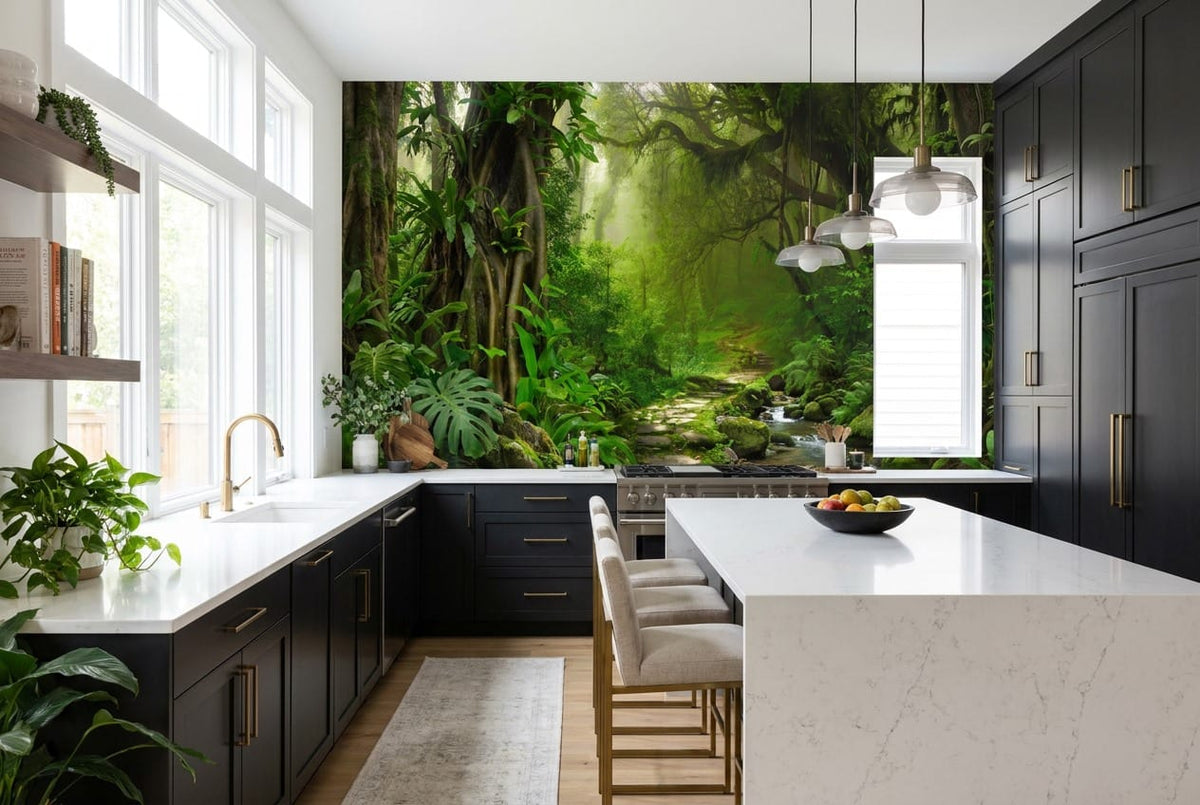 Sunlit River Path Green Jungle Wallpaper Mural in green