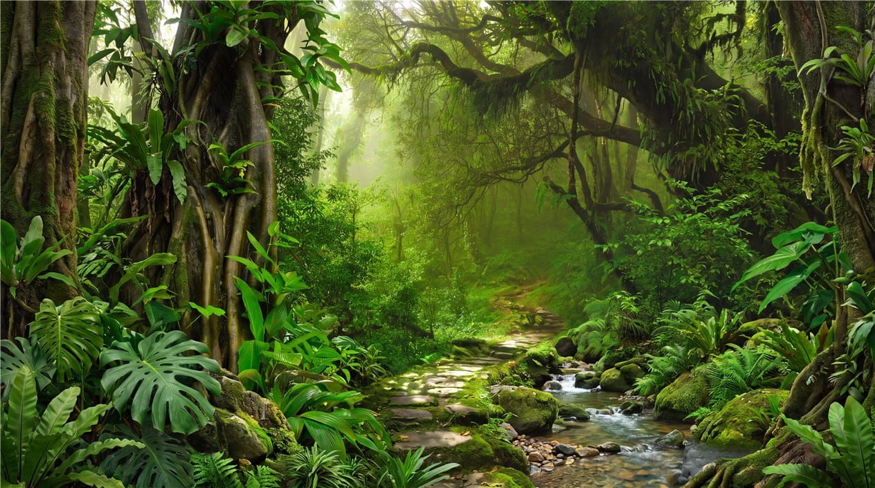 Sunlit River Path Green Jungle Wallpaper Mural