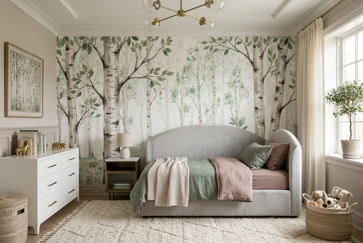 Soft Green Rustic Nordic Birch Forest Wallpaper Mural in green