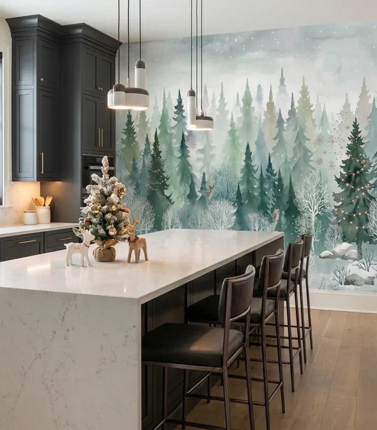 Dark Green Magical Nordic Winter Forest Wallpaper Mural in green