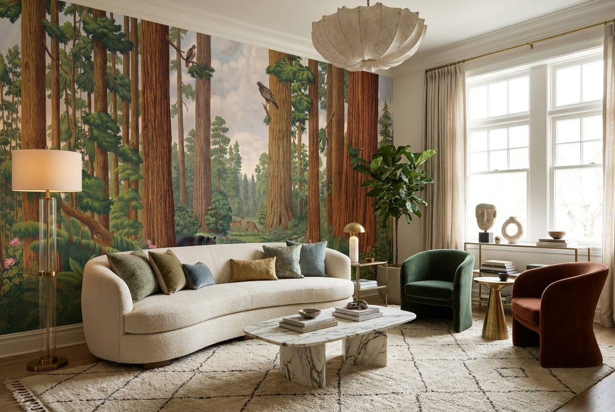 Majestic Wildlife Stream Redwood Forest Wallpaper Mural in green