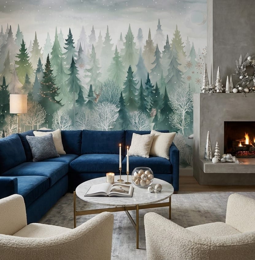 Dark Green Magical Nordic Winter Forest Wallpaper Mural in green