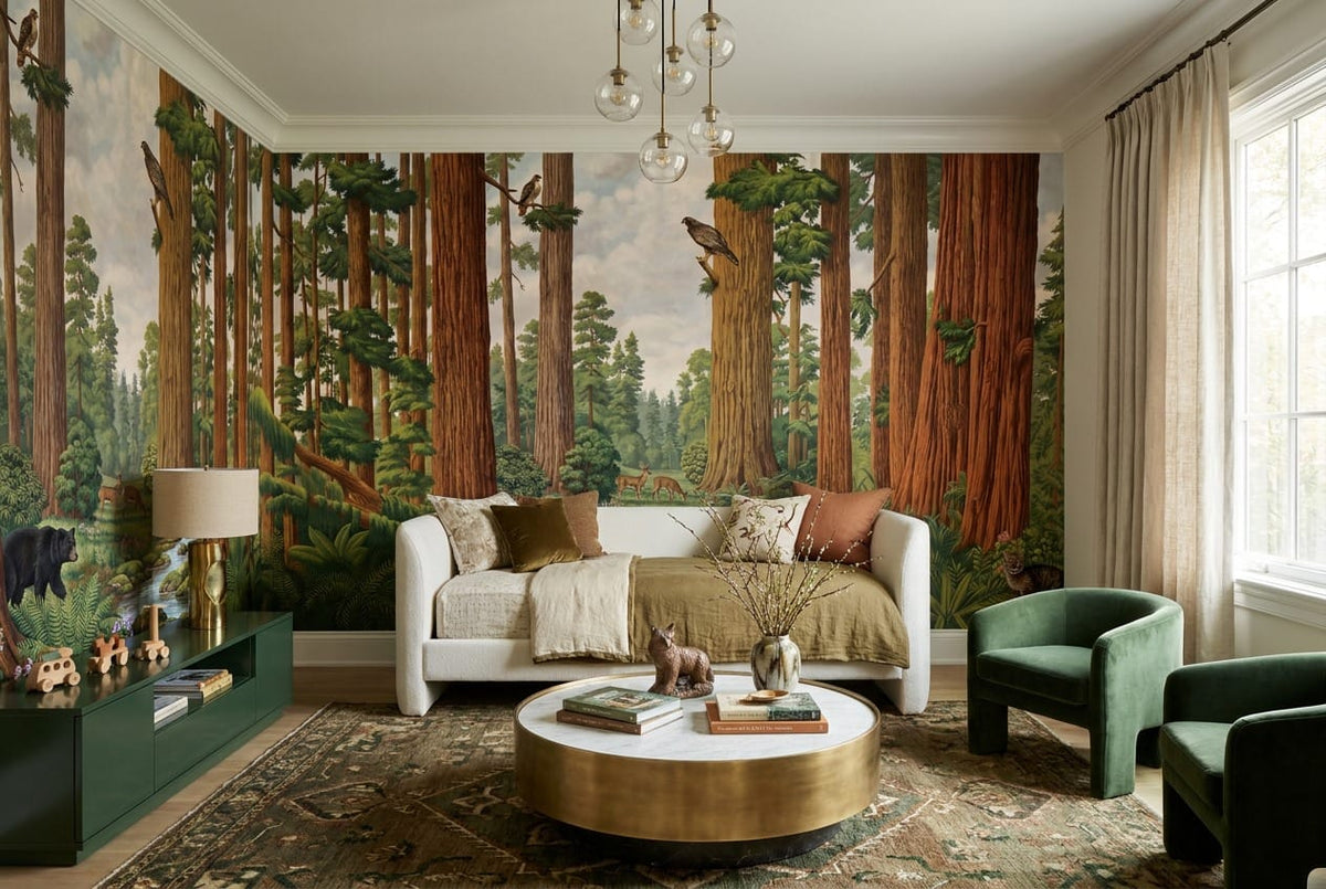 Majestic Wildlife Stream Redwood Forest Wallpaper Mural in green