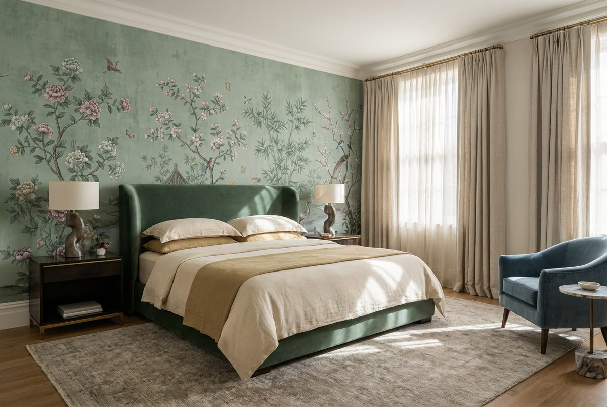 green pavilion bedroom custom self adhesive non woven vinyl removable wallpaper mural