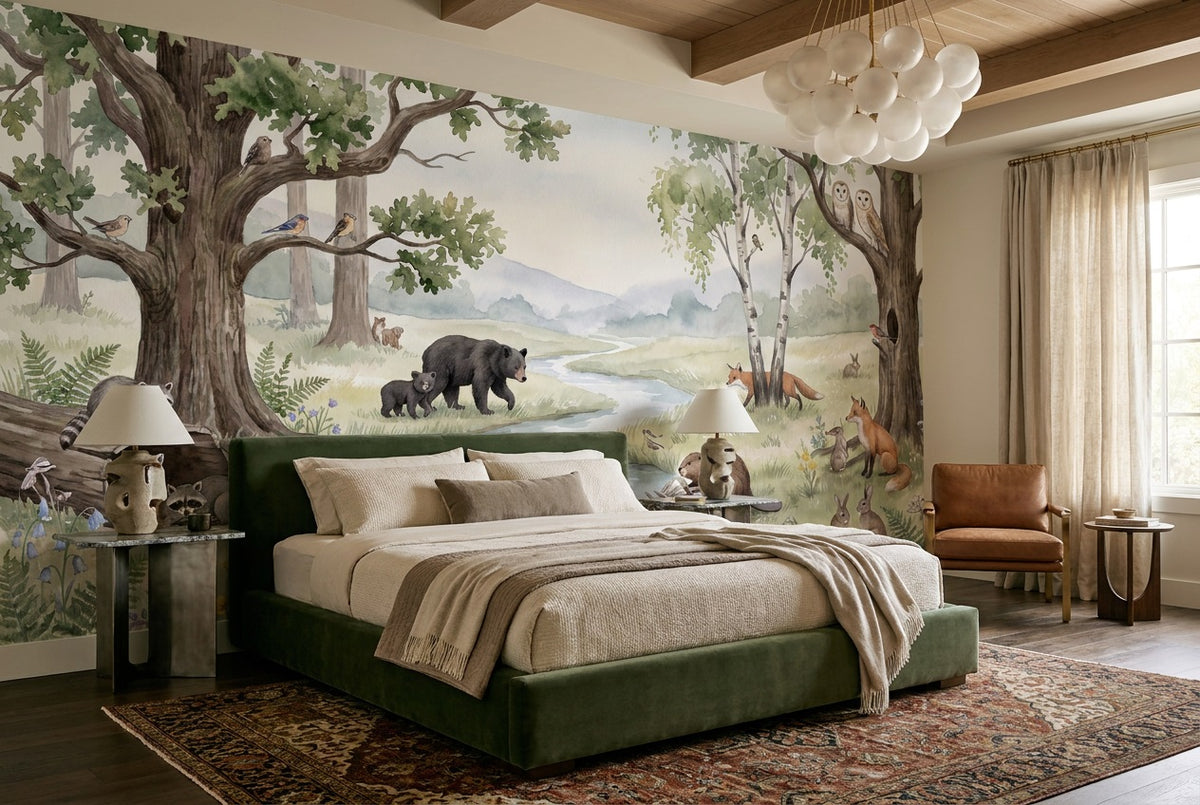 green wildlife wallpaper mural custom peel and stick bedroom removable non woven vinyl