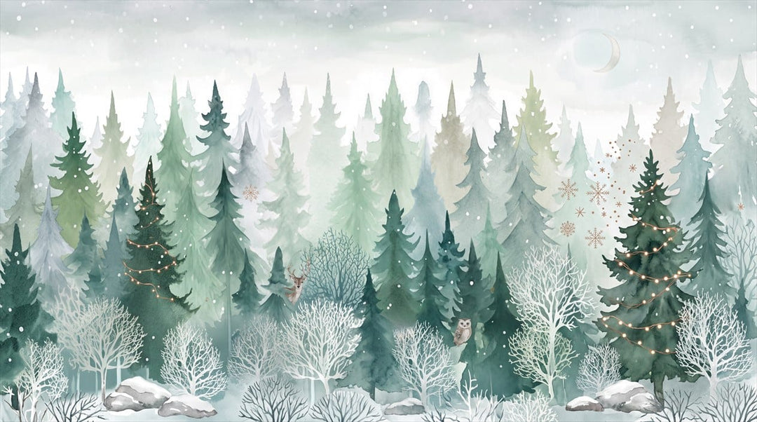 Dark Green Magical Nordic Winter Forest Wallpaper Mural in green