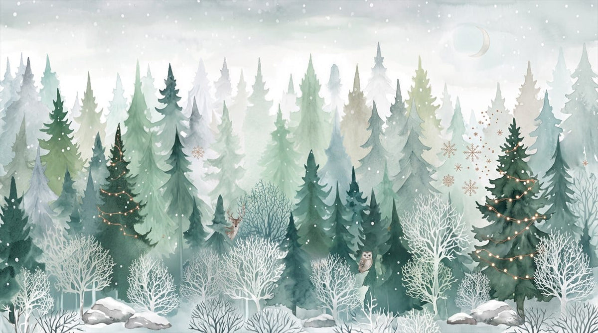 Dark Green Magical Nordic Winter Forest Wallpaper Mural in green