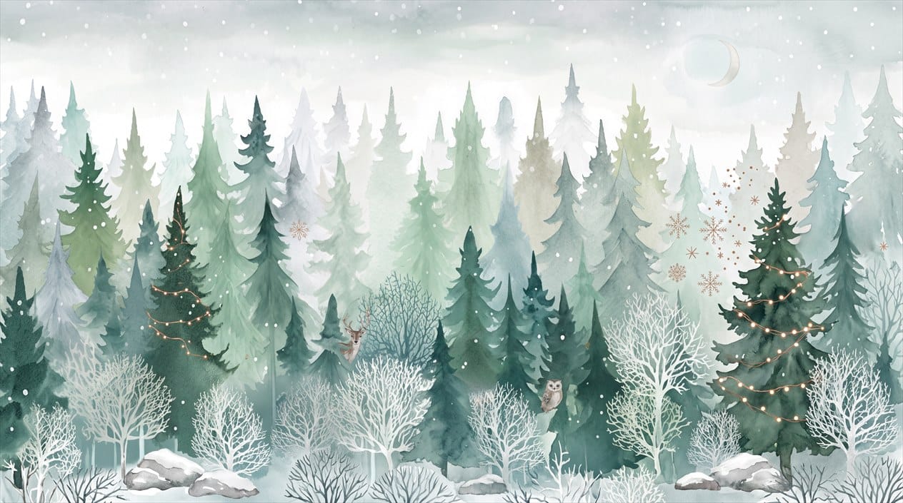 Dark Green Magical Nordic Winter Forest Wallpaper Mural