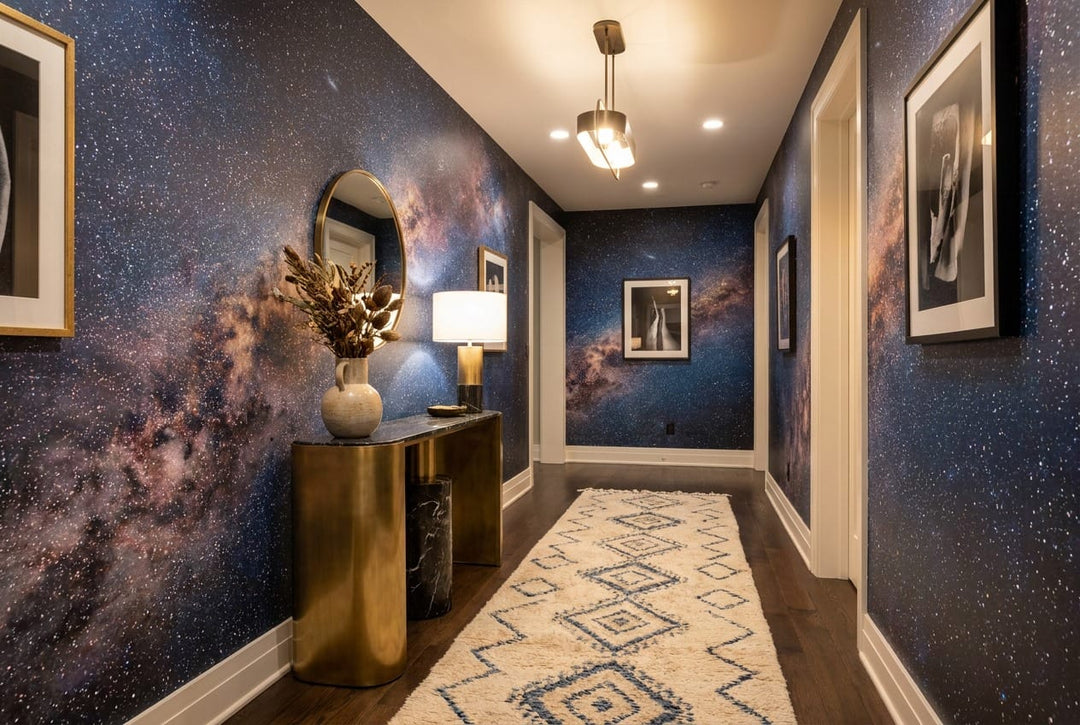 Moonlit Ink Starry Nordic Night Forest Wallpaper Mural in hall